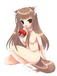  animal_ears apple breasts fang food fruit holding holding_food holding_fruit holo long_hair medium_breasts nude red_eyes sakurai_unan solo spice_and_wolf 