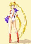  ass bishoujo_senshi_sailor_moon blonde_hair blue_eyes blue_sailor_collar boots bow full_body high_heels highres knee_boots leotard long_hair magical_girl mr._r_(2ch's_sailor_moon_thread) red_bow sailor_collar sailor_moon sailor_senshi_uniform shoes skirt solo tsukino_usagi twintails undressing very_long_hair 