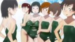  alternate_color_school_swimsuit black_hair blush breast_envy breasts brown_eyes brown_hair bursting_breasts copyright_request flat_chest green_swimsuit huge_breasts mole mole_under_mouth multiple_girls one-piece_swimsuit plump rokusho school_swimsuit short_hair smile swimsuit tight torn_clothes 