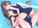  ;q black_eyes black_hair breast_grab broom empty_pool grabbing hair_ornament hairclip looking_back multiple_girls one-piece_swimsuit one_eye_closed original school_swimsuit shadow shimano_natsume shiny shiny_clothes shiny_skin spread_legs swimsuit tongue tongue_out yuri 