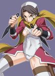  blood breasts brown_eyes brown_hair code_geass kunai large_breasts misnon_the_great scarf shinozaki_sayoko short_hair solo thighhighs torn_clothes weapon 