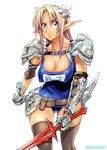  armor belt blonde_hair blue_eyes breasts cleavage copyright_request covered_nipples curvy flower large_breasts name_tag one-piece_swimsuit pointy_ears satou_shouji school_swimsuit solo swimsuit sword thighhighs weapon 