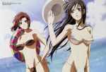  90s absurdres armpits bandeau bangs bikini black_hair blue_sky breasts brown_bikini brown_hair cloud cowboy_shot cross-laced_clothes day dutch_angle green_eyes groin hand_on_hip hand_up hat hat_removed headwear_removed highres holding innertube kobayakawa_miyuki large_breasts light_rays long_hair looking_afar lowleg lowleg_bikini megami multiple_girls nakajima_atsuko navel official_art outdoors parted_lips purple_eyes short_hair side-tie_bikini sky smile sun_hat sunbeam sunlight swept_bangs swimsuit tsujimoto_natsumi water white_bikini wide_hips wind you're_under_arrest 