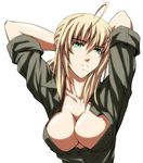  ahoge alternate_breast_size artoria_pendragon_(all) blonde_hair breasts cleavage fate/zero fate_(series) green_eyes imizu_(nitro_unknown) medium_breasts open_clothes open_shirt saber shirt sleeves_rolled_up solo 