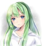  1boy androgynous artist_name blue_eyes collarbone enkidu_(fate/strange_fake) fate/strange_fake fate_(series) green_hair highres long_hair male_focus manana_(matoi1111) otoko_no_ko parted_lips portrait shaak_ti shiny shiny_hair shirt solo white_shirt 