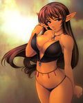  bad_id bad_pixiv_id bandeau breasts brown_hair cleavage copyright_request curvy elf hands jewelry large_breasts long_hair navel necklace open_clothes panties pointy_ears red_eyes ring solo strapless tubetop underwear unzipped yoko_juusuke 