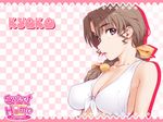  bikini bikini_top brown_hair checkered checkered_background game_cg kiriyama_taichi moroboshi_kyouko purple_eyes solo sweet_home swimsuit 