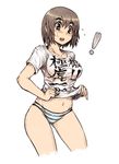  1girl ayase_fuuka blush brown_eyes brown_hair eyebrows kara_(color) no_pants panties shirt short_hair solo striped striped_panties sweatdrop thick_eyebrows translation_request underwear undressing yotsubato! 