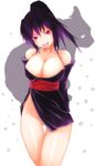  :p arms_behind_back bare_shoulders breasts cat cleavage japanese_clothes kimono large_breasts long_hair no_panties onibi_(foxhound4185) original ponytail purple_hair red_eyes short_kimono slit_pupils solo thigh_gap tongue tongue_out 