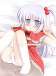  bed_sheet blush dress hair_bobbles hair_ornament lying on_back panties ry shinki side_ponytail silver_eyes silver_hair solo thighhighs touhou underwear white_panties younger 