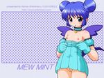  1girl aizawa_mint arm_garter bare_shoulders bird_tail bird_wings blue_eyes blue_hair blush breasts choker clothes_pull double_bun double_buns garters gloves jewelry leotard lowres magical_girl mew_mint nipples no_bra no_panties open_mouth pendant pussy small_breasts solo tail tail_feathers tokyo_mew_mew wings 