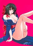  areola_slip areolae arm_support ass black_hair blue_kimono blush bow breasts cleavage highres japanese_clothes kimono kuroda_kazuya large_breasts legs_up looking_at_viewer open_mouth original red_bow solo wet yukata 