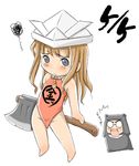  1girl alternate_eye_color axe blue_eyes dudou frustrated glasses harry_james_potter harry_potter hatchet hermione_granger kintarou komusou long_hair no_panties origami paper_hat paper_kabuto tears weapon western_hatchet younger 