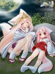  adapted_uniform animal_ears blush feet fox_ears fox_tail full_moon game_cg hakama happy japanese_clothes long_hair miko momoyuki_(snow_fox) moon multiple_girls nakajima_konta panties pink_hair red_hakama setsugekka_(snow_fox) snow_fox tail underwear 