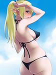  bikini blonde_hair blush cloud copyright_request day pointy_ears ponytail purple_eyes skindentation sky solo swimsuit thong_bikini yurikawa 