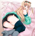  ass blonde_hair blue_eyes earrings jewelry legs long_hair macross macross_frontier pen scharfschutze sheryl_nome shorts solo sunglasses thighhighs 