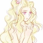  artist_request blonde_hair closed_mouth collarbone earrings final_fantasy final_fantasy_iv jewelry long_hair looking_afar looking_away lowres nude palms_together pink_eyes rosa_farrell simple_background smile solo upper_body wavy_hair white_background 