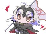  1girl ahoge armor black_armor black_cape blush_stickers boots cape chibi commentary_request fate/grand_order fate_(series) flag fur_trim gloves hair_between_eyes headpiece holding holding_flag jeanne_d&#039;arc_(alter)_(fate) jeanne_d&#039;arc_(fate)_(all) sako_(bosscoffee) solo standing white_background white_hair yellow_eyes 