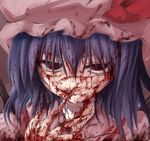  bleeding blood blood_on_face blood_on_fingers bloody_clothes bloody_hair cuts finger_to_mouth guro hat horror_(theme) injury jpeg_artifacts purple_hair red_eyes remilia_scarlet shimo_(depthbomb) smile solo touhou vampire 