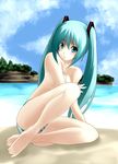  aoinagi barefoot beach blush breasts day feet green_eyes green_hair hatsune_miku long_hair medium_breasts outdoors panties sitting solo striped striped_panties topless twintails underwear vocaloid water 