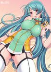  armlet ass_visible_through_thighs bracelet breasts covered_nipples earrings eyebrows_visible_through_hair far-c garter_straps green_hair jewelry kei_jiei large_breasts long_hair open_mouth original skin_tight solo thighhighs white_legwear 