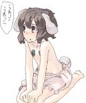  animal_ears artist_request barefoot bloomers brown_eyes brown_hair bunny_ears flat_chest inaba_tewi leaf seiza sitting solo topless touhou translated underwear underwear_only white_bloomers 