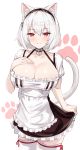  1girl absurdres anchor_choker animal_ears apron azur_lane blush breasts cat_ears cat_tail cleavage closed_mouth collarbone dress dress_lift eyebrows_visible_through_hair fang_out hair_between_eyes highres lace-trimmed_hairband large_breasts lifted_by_self looking_at_viewer maid maid_apron monyu_(monyupop) paw_print puffy_sleeves red_eyes short_hair short_sleeves sidelocks simple_background sirius_(azur_lane) solo standing tail thighhighs waist_apron white_apron white_background white_hair white_legwear 