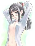  arms_up copyright_request dress_shirt glasses naked_shirt navel open_clothes open_shirt ponytail shimano_natsume shirt solo 
