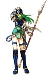  armor blue_armor elbow_gloves fire_emblem fire_emblem:_akatsuki_no_megami fire_emblem:_souen_no_kiseki gloves green_eyes green_hair helmet kita_senri kneehighs nephenee official_art polearm skirt socks solo spear weapon 