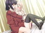  black_hair blonde_hair blush feet game_cg hug kawamura_reo multiple_girls peko sawaguchi_mai school_uniform sono_hanabira_ni_kuchizuke_wo st._michael's_school_uniform thighhighs yuri 