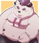  2019 96tning anthro behemoth_(housamo) belly blush clothing eyes_closed horn humanoid_hands male monster moobs navel nipples overweight overweight_male pants simple_background solo tokyo_afterschool_summoners tongue tongue_out video_games 