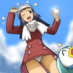  alternate_costume beanie blue_hair dress from_below hat hikari_(pokemon) holding holding_poke_ball kakki_(pixiv4742) kakkii panties pantyshot piplup pixiv_thumbnail poke_ball pokeball pokemon pokemon_(game) pokemon_dppt resized scarf smile star underwear upskirt wink winter_clothes 