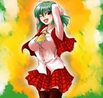  ;d arms_up ascot black_legwear breasts fechirin green_hair impossible_clothes impossible_shirt kazami_yuuka large_breasts one_eye_closed open_mouth plaid plaid_skirt plaid_vest red_eyes shirt short_hair skirt skirt_set smile solo taut_clothes taut_shirt thighhighs touhou untucked vest zettai_ryouiki 