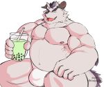  2019 anthro behemoth_(housamo) belly bubble_tea bulge clothing hi_res horn humanoid_hands male monster moobs navel nipples overweight overweight_male radcanine simple_background sitting solo tokyo_afterschool_summoners underwear video_games white_background 