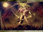  angel_wings bracer breasts chain cleavage full_moon genzoman head_wings katana large_breasts legs lips loincloth long_hair moon original red_hair solo stomach sword topless weapon wings 