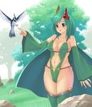  bare_shoulders bird blue_eyes breasts cameltoe cape cleavage curvy detached_sleeves final_fantasy final_fantasy_iv grass green_hair green_leotard groin hips large_breasts leotard navel revealing_clothes rock rydia short_hair sideboob solo thighhighs tree yokaze_japan 