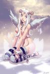  blue_eyes breasts chain cleavage cross cuffs egg genzoman horns kneeling large_breasts lips nipples original solo striped striped_legwear thighhighs toeless_legwear white_hair wings 