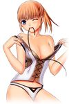  artist_request blue_eyes breasts final_fantasy final_fantasy_xi hume large_breasts mouth_hold nipple_slip nipples one_eye_closed panties red_hair short_hair solo underwear undressing 