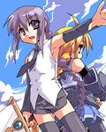  angelous_lazward blonde_hair blue_eyes blue_hair borrowed_character cloud day girl_with_a_blonde_braid_(tomoshibi_hidekazu) lowres multiple_girls oekaki original sky sword thighhighs tomoshibi_hidekazu weapon 