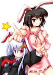  ai_takurou anger_vein animal_ears bunny_ears commentary finger_gun inaba_tewi multiple_girls older open_clothes open_shirt oversized_clothes reisen_udongein_inaba role_reversal shirt touhou undersized_clothes younger 