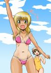  bikini blonde_hair blush brown_eyes cameltoe casual_one-piece_swimsuit day flat_chest hidamari_sketch hirokawa_kouichirou long_hair midriff miyako multiple_girls navel one-piece_swimsuit one-piece_tan open_mouth pink_bikini short_hair swimsuit tan tanline thigh_gap waving yellow_eyes yellow_swimsuit yuno 