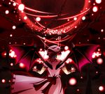  bat bat_wings blue_hair bow chain danmaku dress glowing glowing_eyes hat highres looking_back rannosuke red_eyes remilia_scarlet ribbon solo touhou wings wrist_cuffs 