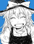  blue_background bow hair_bow hat kirisame_marisa monochrome sketch smile solo touhou ume_(noraneko) witch_hat 