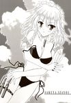  artist_request between_fingers bikini braid greyscale highres izayoi_sakuya knife maid_headdress monochrome side-tie_bikini solo swimsuit touhou twin_braids 