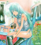  aqua_eyes aqua_hair bathroom breasts dressing hatsune_miku long_hair mayo_riyo mirror mouth_hold small_breasts solo tada_ima_wa_kimi_ga_suki_(vocaloid) thighhighs very_long_hair vocaloid 