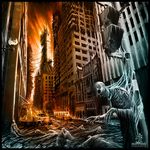  apocalypse cityscape copyright_request fire no_humans scenery skeleton 