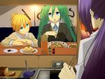  2boys aqua_eyes aqua_hair bad_id bad_pixiv_id bandaid blonde_hair blue_eyes chopsticks food formal hatsune_miku kagamine_len kamui_gakupo long_hair multiple_boys noodles purple_hair restaurant sama smile suit translated twintails vocaloid 