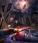  alexiuss cityscape copyright_request destruction fire highres light looking_back scenery sky waves 