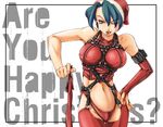  breasts christmas cigarette engrish green_eyes green_hair hat large_breasts long_sleeves murazono one_eye_closed original ranguage santa_costume santa_hat short_hair smile solo 