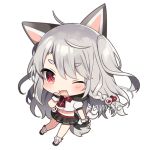  ;d ahoge animal_ears azur_lane bangs black_footwear black_gloves black_sailor_collar black_skirt blush bow braid chibi commentary_request eyebrows_visible_through_hair fake_animal_ears fingerless_gloves full_body gloves grey_hair hair_between_eyes hair_ornament hand_up heart heart_hair_ornament long_hair loose_socks mafuyu_(chibi21) midriff navel one_eye_closed one_side_up open_mouth pleated_skirt puffy_short_sleeves puffy_sleeves red_bow red_eyes ribbed_legwear sailor_collar sample school_uniform serafuku shirt short_eyebrows short_sleeves side_braid simple_background single_braid skirt smile solo tail thick_eyebrows very_long_hair white_background white_legwear white_shirt wolf_ears wolf_girl wolf_tail yuudachi_(azur_lane) 